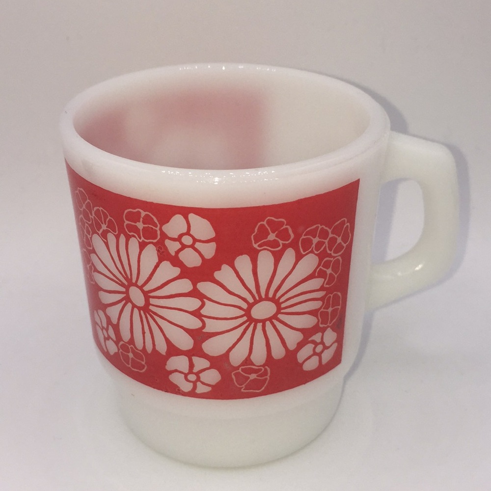 Vintage Fire King Anchor Hocking Red White Floral Milk Glass Mug Cup 1960's